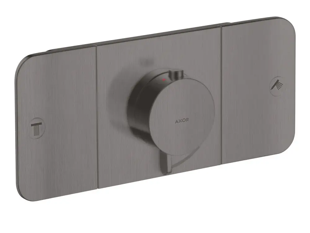 Thermostatmodul von AXOR für Unterputzinstallation, mit zentralem Regler und Symbolen für die Verbraucherauswahl, in brushed black chrome Ausführung.